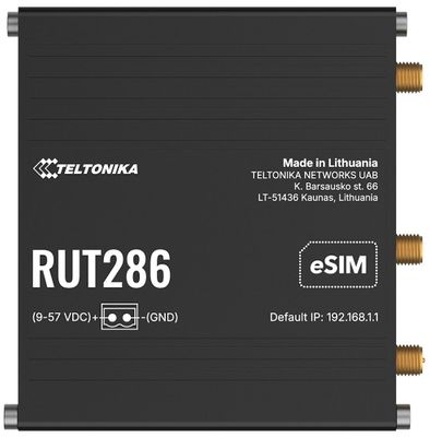 Teltonika RUT286 průmyslový router   1x LAN, 1x WAN, RS232/485. 2x SIM + eSIM, LTE Telit, Wi-Fi 4 Router, LTE Cat 4, RS232, RS485, Modbus, DNP3, DLMS, eSIM, Wi-Fi 4, 9–57 VDC, PoE, RutOS