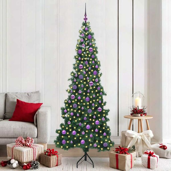 vidaXL Rohový umelý vianočný strom s 300 LED-i Zelená 210 cm PVC a kov