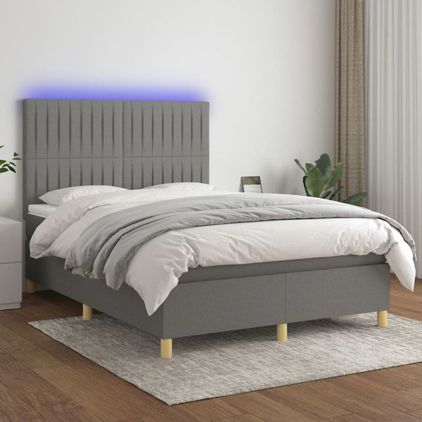 vidaXL Posteľ boxsping s matracom a LED tmavosivá 140x190 cm látka
