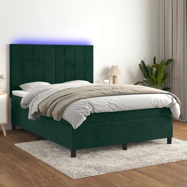 vidaXL Posteľný rám boxsping matrac a LED tmavozelený 140x190 cm zamat