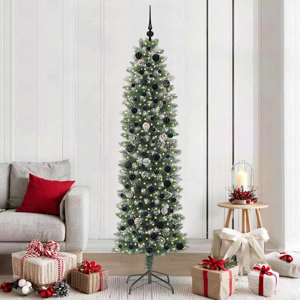 vidaXL Umelý chudý vianočný strom s 300 LED-i Zelená a biela 210 cm