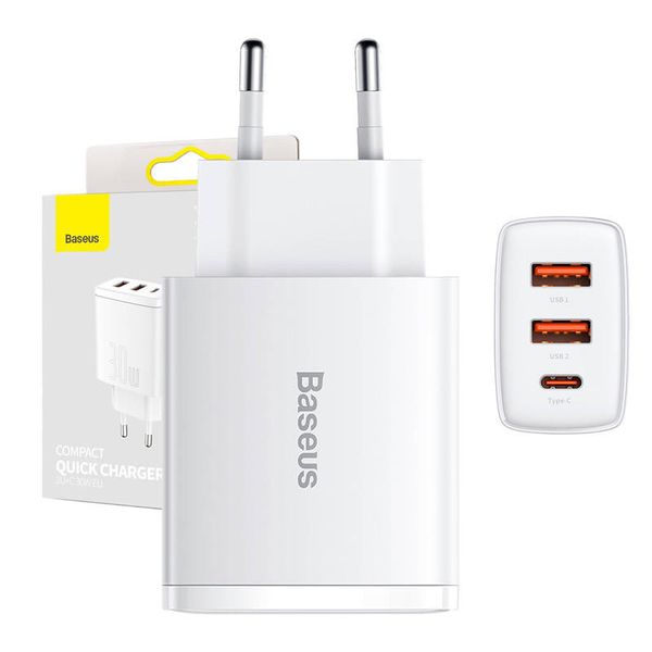 Sieťová nabíjačka Baseus Compact Quick Charger, 2xUSB, USB-C, PD, 3A, 30W (biela)