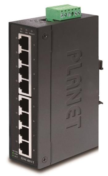 Planet ISW-801T, 8x 10/100, DIN,IP30, rozšírený teplotný rozsah -40~75°C, IEEE 802.3az (EEE), EFT+ESD 8x 10/100M, -40~+75°C, TB napájenie 12-48VDC, DIN, kovové šasi