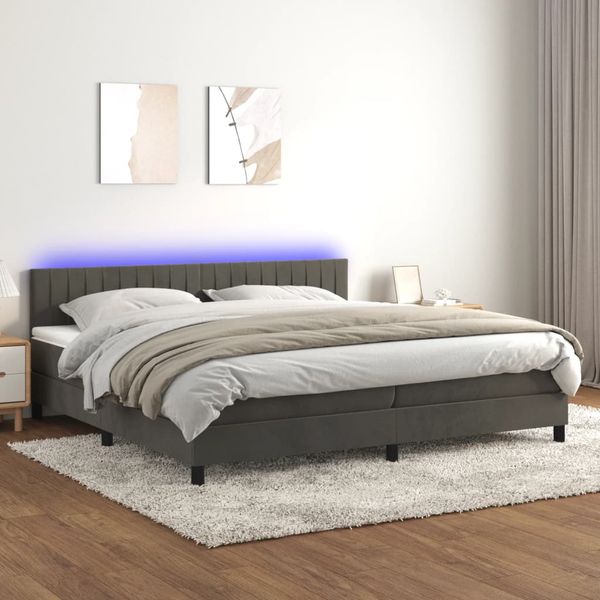 vidaXL Posteľ boxsping s matracom a LED tmavosivá 200x200 cm zamat