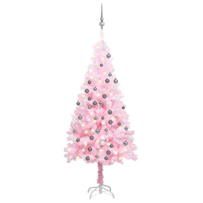 vidaXL Osvetlený umelý vianočný stromček s guľami, ružový 150 cm, PVC