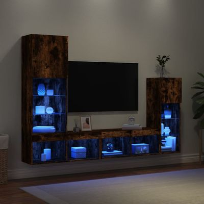 vidaXL 4-dielne TV nástenné skrinky s LED dymový dub kompozitné drevo