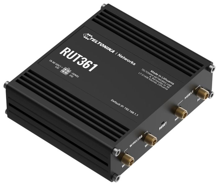 Teltonika RUT361 průmyslový router, 4G, LTE- Cat 6, WiFi Router, prumyslový, LTE, Wi-Fi, 802.11b/g/n, 3/4G, 1× RJ-45 LAN, 1× RJ-45 WAN, 2× DI/DO, pasivní PoE, DC 9-30V