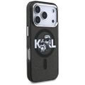 Puzdro Karl Lagerfeld Magsafe IML s trblietkami, kovový rám a tlačidlá fotoaparátu, kreslené logo Karla a Choupette pre iPhone 17 Pro čierne