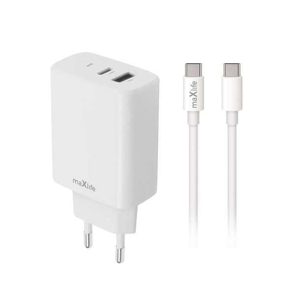 Maxlife MXTC-10-30AC PD QC charger 1x USB-C 1x USB 30W white + USB-C - USB-C cable 60W