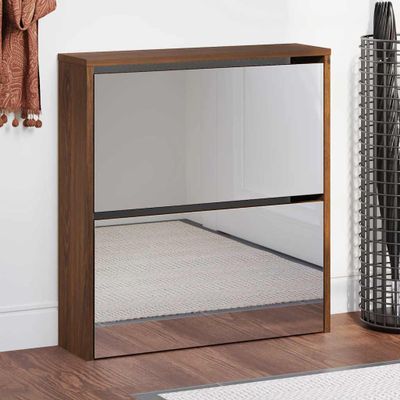 vidaXL Botník so zrkadlom 2-poschodový hnedý dub 63x17x67 cm
