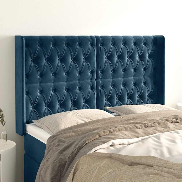 vidaXL Čelo postele so záhybmi tmavomodrá 147x16x118/128 cm zamat