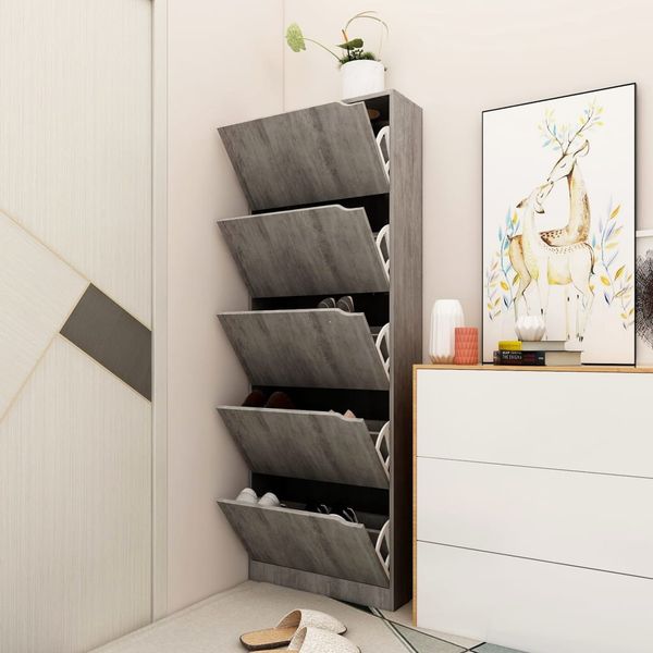 vidaXL Botník s 5 dvierkami betónový 59x24x167 cm drevotrieska