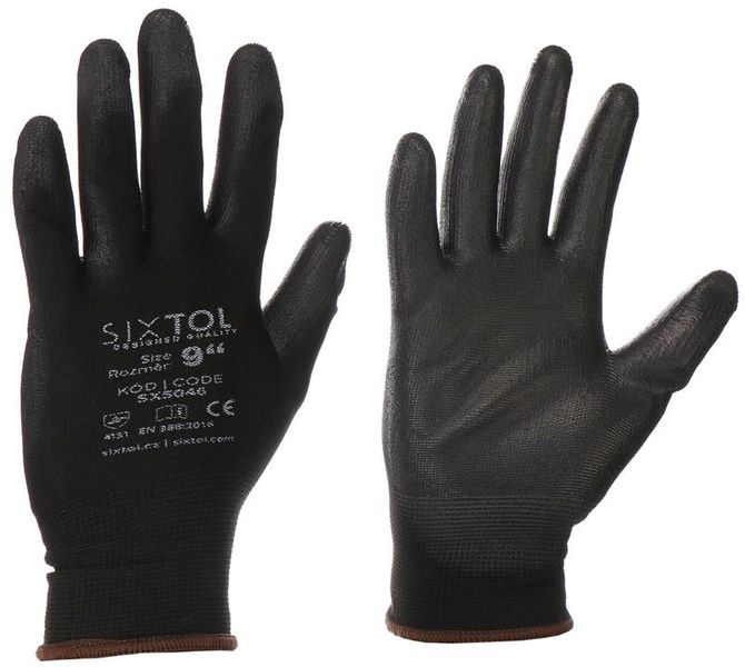 Rukavice pracovné z polyesteru polomáčené v polyuretáne GLOVE PE-PU 9, čierne, veľkosť 9 SIXTOL