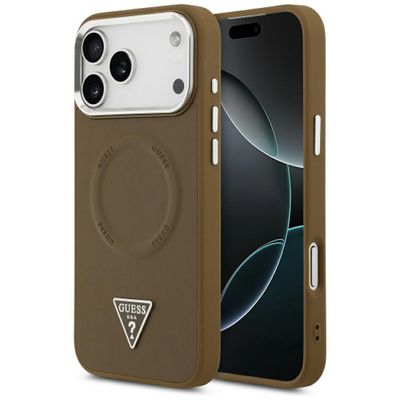 Puzdro Guess Magsafe PU Leather Case s trojuholníkovým logom a strieborným kovovým rámom fotoaparátu pre iPhone 17 Pro Max hnedé