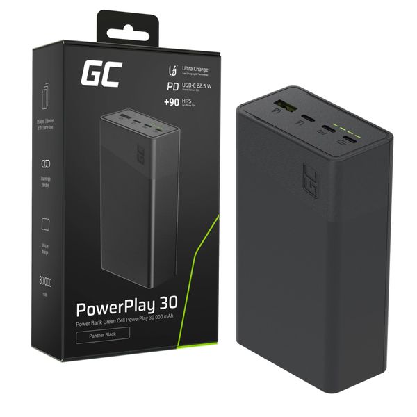 PBGC30B Green Cell PowerPlay 30 – čierna powerbanka s kapacitou 30 000 mAh, 22,5W, 4 porty