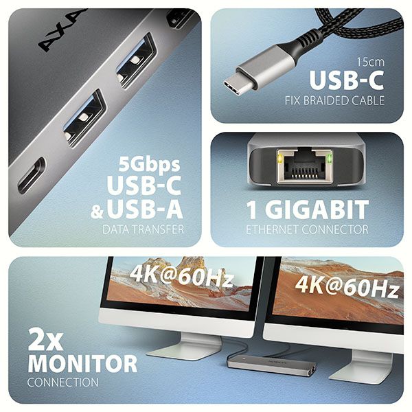 AXAGON HMC-7HX2, USB 5Gbps hub, 2x USB-A, USB-C, 2x HDMI 4k/60Hz, RJ-45 GLAN, PD 100W, kábel 15cm