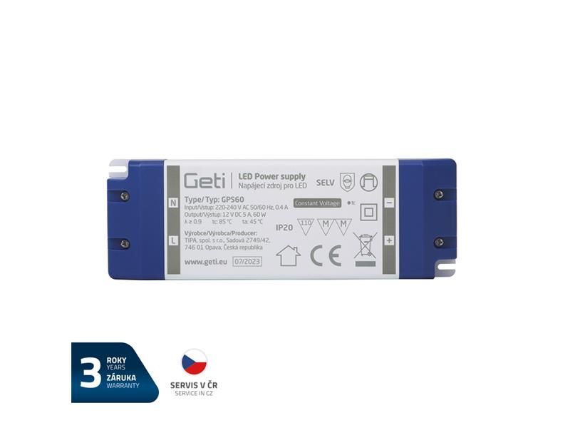 Zdroj spínaný pro LED 12V/ 60W  GETI  GPS60, IP20