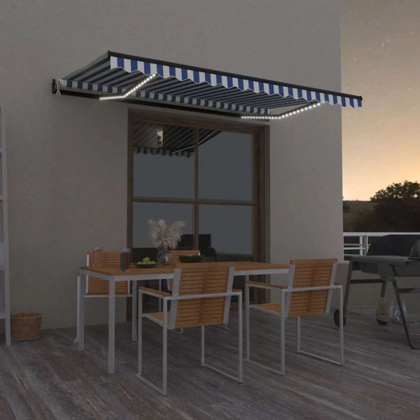 vidaXL Automatická markíza, LED a senzor vetra 450x300 cm, modrá/biela