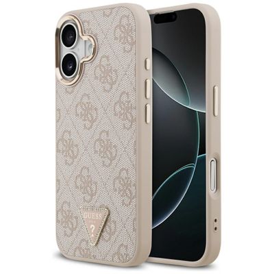 Puzdro Guess Case Magsafe 4G PU Kožené s trojuholníkovým logom a zlatým kovovým rámom fotoaparátu pre iPhone 17 Ružová