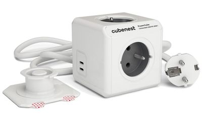 Cubenest Powercube Extended USB PD 35W, 2xUSB-C, 4× zásuvka, 1,5m, biela/sivá, detská poistka, uzemnenie, montážny dok Zásuvka, napájacia, vnútorná, 4× zásuvka, 10A, 2500W, 2× USB-C, PD 3.0, detská poistka, 1,5m kábel, bielo-sivá