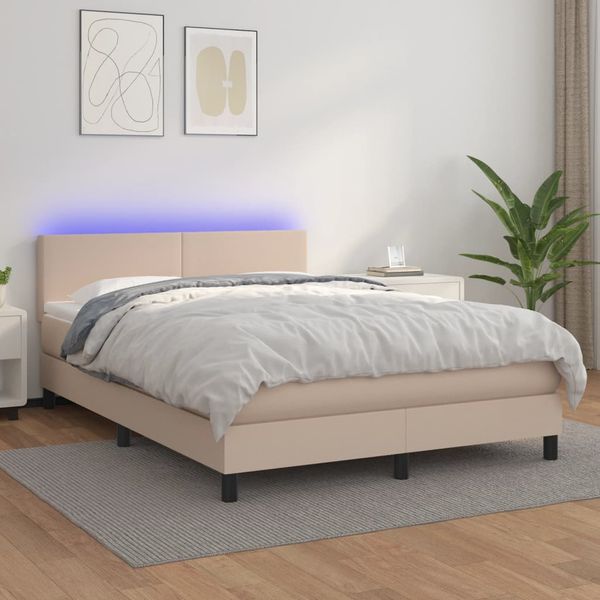 vidaXL Boxspring posteľ matrac a LED kapučínová 140x200 cm umelá koža