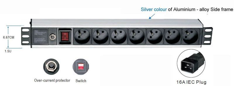19'' rozvodný panel 1,5 U, 7x220V, koncovka IEC C19,16A