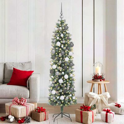 vidaXL Umelý chudý vianočný strom s 300 LED-i Zelená a biela 180 cm
