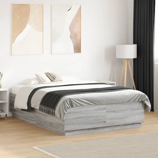 vidaXL Posteľný rám s LED svetlami sivý sonoma 135x190cm kompoz. drevo