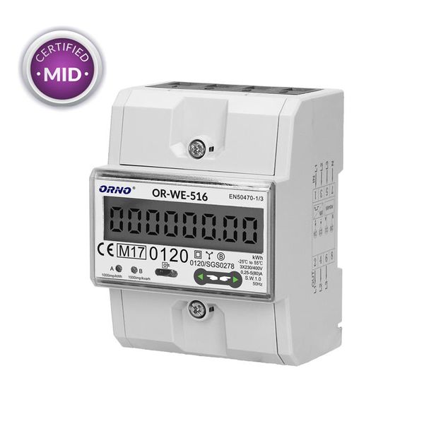 Elektromer 3F na DIN lištu třífázový ORNO OR-WE-516 digitální, RS-485, MID