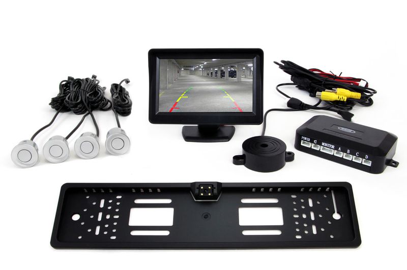 Parkovací asistent 4 senzory strieborné TFT01 4,3 `s kamerou CAM-402 LED v podložke pod EČV