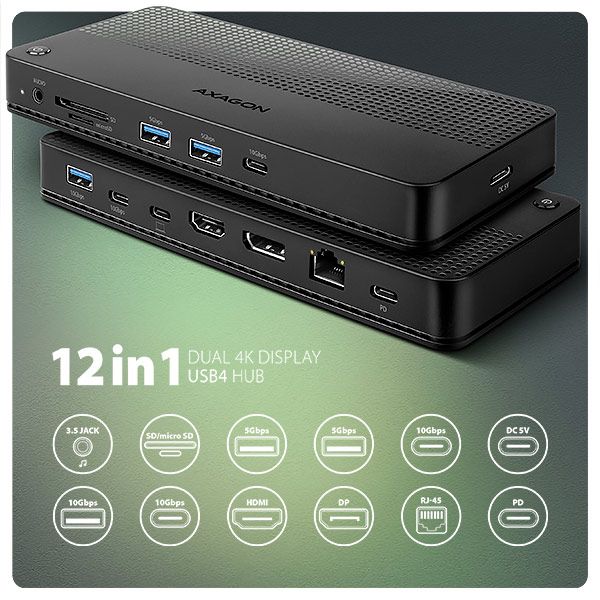 AXAGON HMC-U4, USB4 40Gbps dokovacia stanica, 3x USB-A, 2x USB-C, HDMI & DP 8K/30Hz, RJ-45, SD/mSD, audio, PD100W