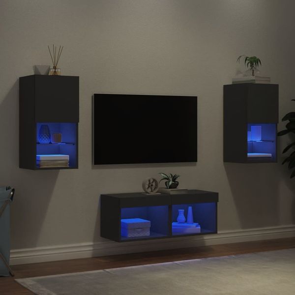 vidaXL 4-dielne TV nástenné skrinky s LED svetlami čierne