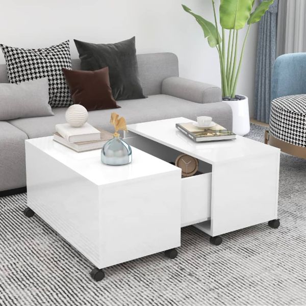 vidaXL Konferenčný stolík lesklý biely 75x75x38 cm drevotrieska