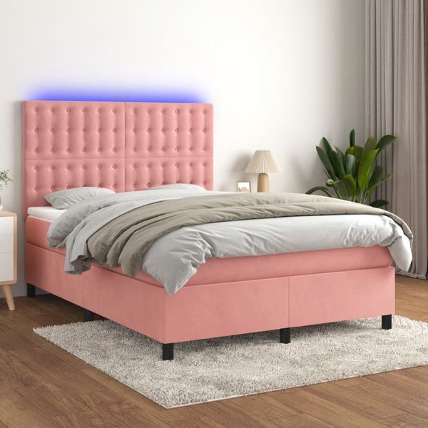 vidaXL Posteľný rám boxsping s matracom a LED ružový 140x200 cm zamat