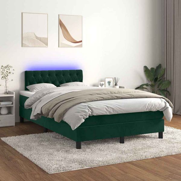 vidaXL Posteľný rám boxsping matrac a LED tmavozelený 120x200 cm zamat