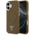 Puzdro Guess Case Magsafe PU Leather s trojuholníkovým logom a strieborným kovovým rámom fotoaparátu pre iPhone 17 hnedá