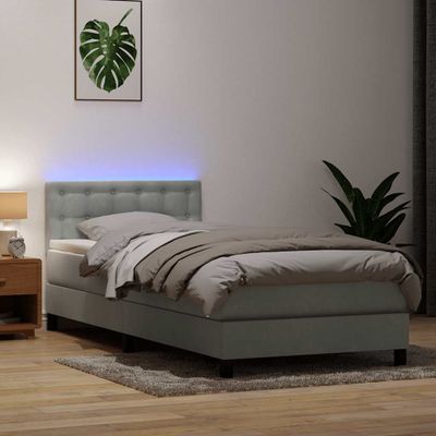vidaXL Posteľný rám boxsping s matracom a LED bledosivý 90x220 cm zamat