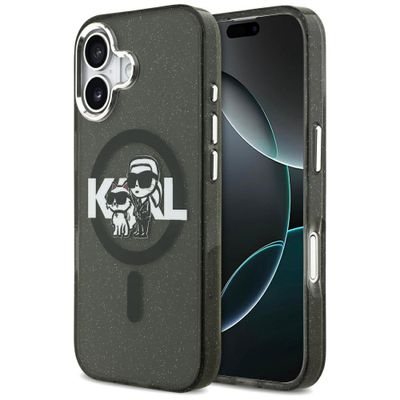 Puzdro Karl Lagerfeld Magsafe IML glitter case kovový rám fotoaparátu a tlačidlá s logom Karl a Choupette sketch pre iPhone 17 čierne