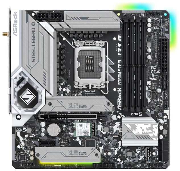 ASRock B760M STEEL LEGEND WIFI / Intel B760 / LGA1700 / 4x DDR5 / 3x M.2 / HDMI / DP / USB-C / WiFi / mATX Základní deska, Intel B760, LGA1700, 4x DDR5 DIMM (max. 128GB), 3x M.2, Wi-Fi, HDMI, DisplayPort, USB typ C, mATX