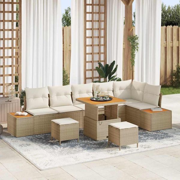 vidaXL Súprava záhradných pohoviek s vankúšom 9 pcs Béžová Poly ratan