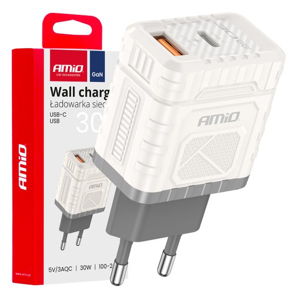 Sieťová nabíjačka Quick Charge GaN 30W USB-A + USB-C AMiO-04286