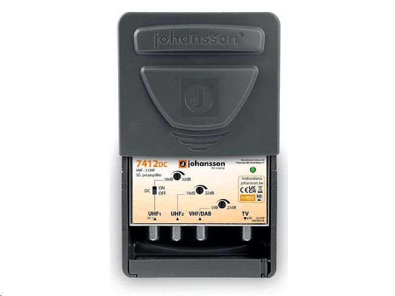 Johansson zesilovač 7412DC (1xVHF/2x UHF, 1xvýst, G23/32dB, 111 dBµV) 5G LTE
