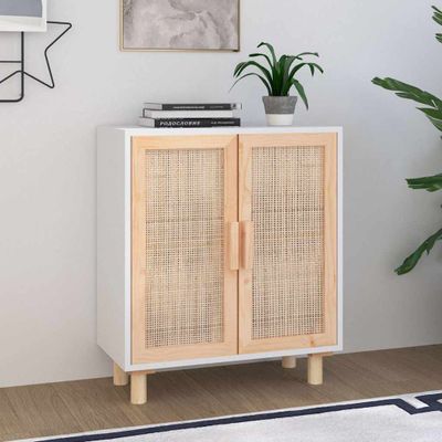 vidaXL Komoda biela 60x30x70 cm masívna borovica a prírodný ratan