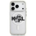 Puzdro Karl Lagerfeld Magsafe IML trblietavé puzdro s kovovým rámom fotoaparátu a tlačidlami a logom Karl a Choupette sketch pre iPhone 17 Pro číra