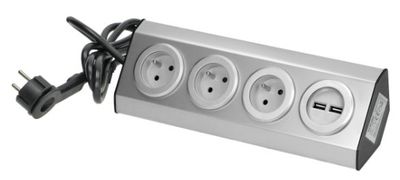 Povrchová rohová zásuvka ORNO VIRONE FS-4 3x 230V, 2xUSB, 1,5m kábel, nerez