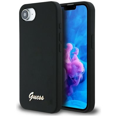 Guess HC Silicone Script Metal Logo Puzdro pre iPhone 16e Čierna