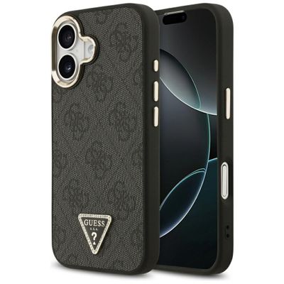 Puzdro Guess Magsafe 4G PU Kožené puzdro s trojuholníkovým logom a zlatým kovovým rámom fotoaparátu pre iPhone 17 hnedé