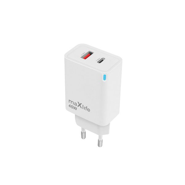 Nabíjačka Maxlife MXTC-09-45AC GaN PD QC 1x USB-C 1x USB 45W biela