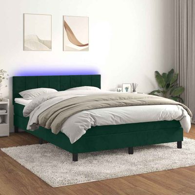 vidaXL Posteľný rám boxsping matrac a LED tmavozelený 140x190 cm zamat