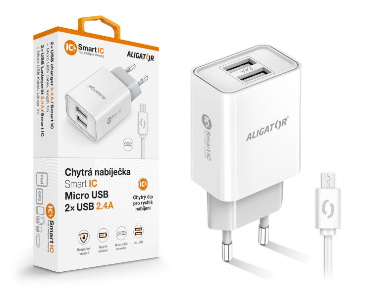 Múdra sieťová nabíjačka ALIGATOR 2,4A, 2xUSB, smart IC, biela, micro USB kábel
